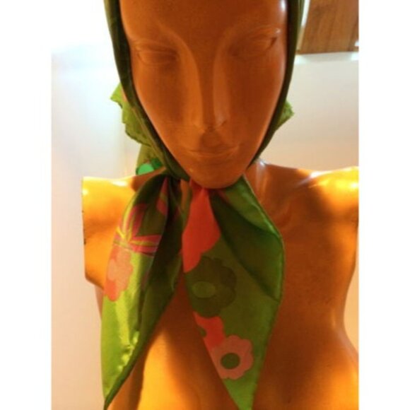 Vintage Green Pink Floral Silk Square Scarf Midcentury Design - Picture 8 of 11